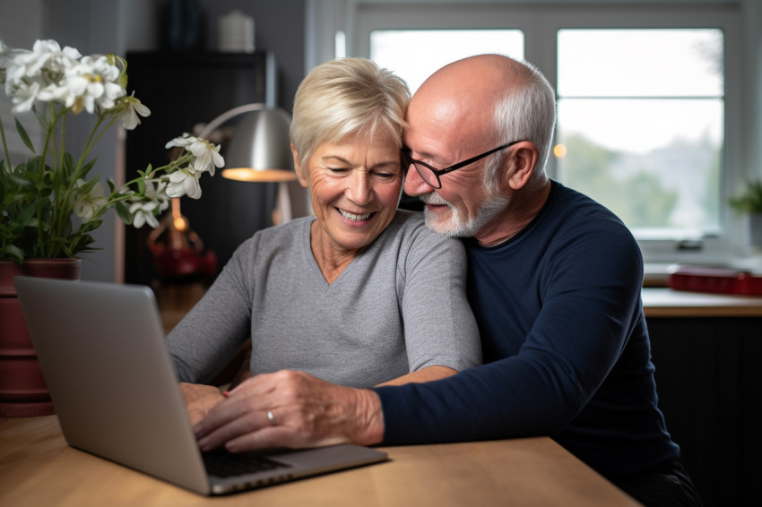 Senior couple embracing while using a laptop at home Senior couple embracing while using a laptop at home