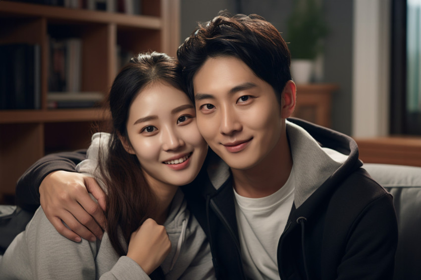 Photo of Asian young couple at home smiling and happy Photo of Asian young couple at home smiling and happy