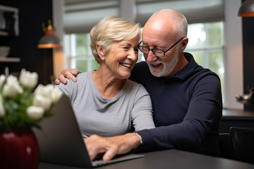 Senior couple embracing while using a laptop at home Senior couple embracing while using a laptop at home