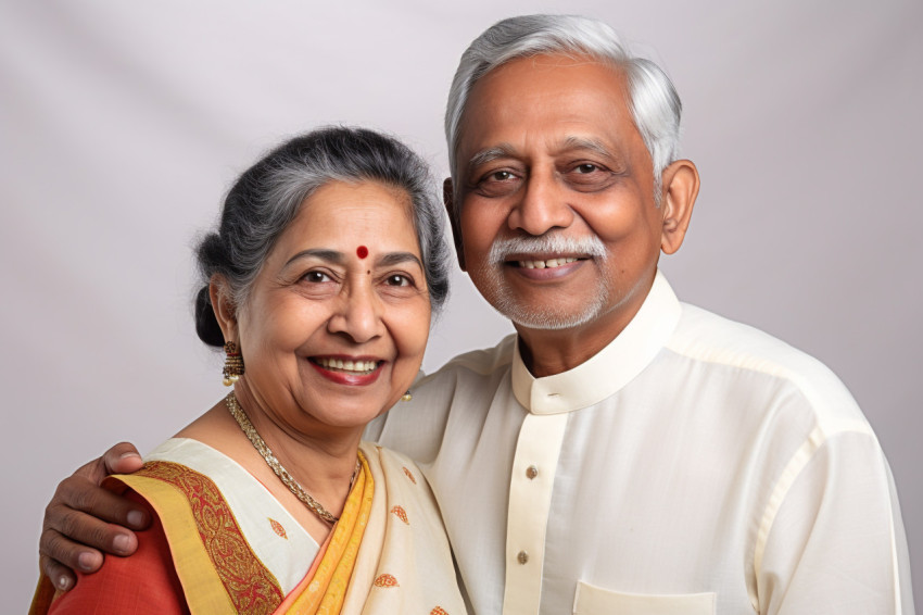 Smiling Indian seniors portrait white background