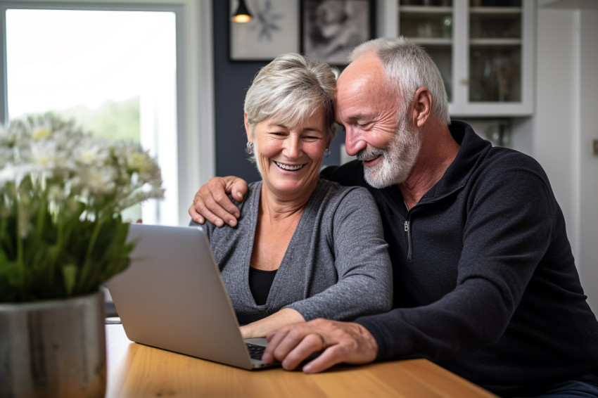 Senior couple embracing while using a laptop at home Senior couple embracing while using a laptop at home