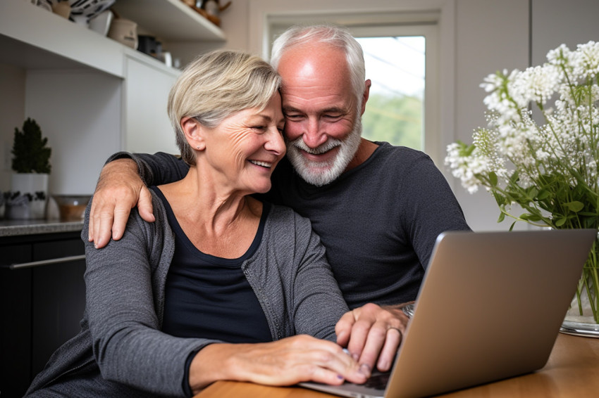 Senior couple embracing while using a laptop at home Senior couple embracing while using a laptop at home