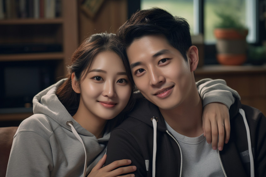 Photo of Asian young couple at home smiling and happy Photo of Asian young couple at home smiling and happy