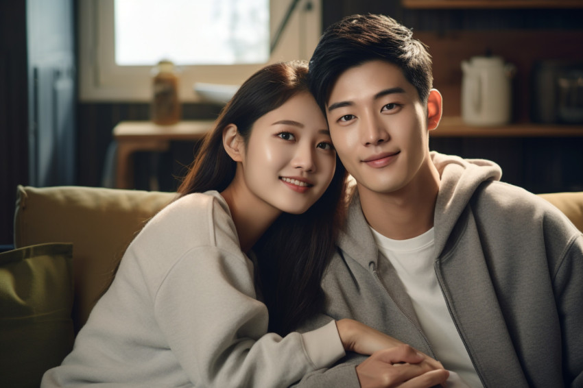 Photo of Asian young couple at home smiling and happy Photo of Asian young couple at home smiling and happy