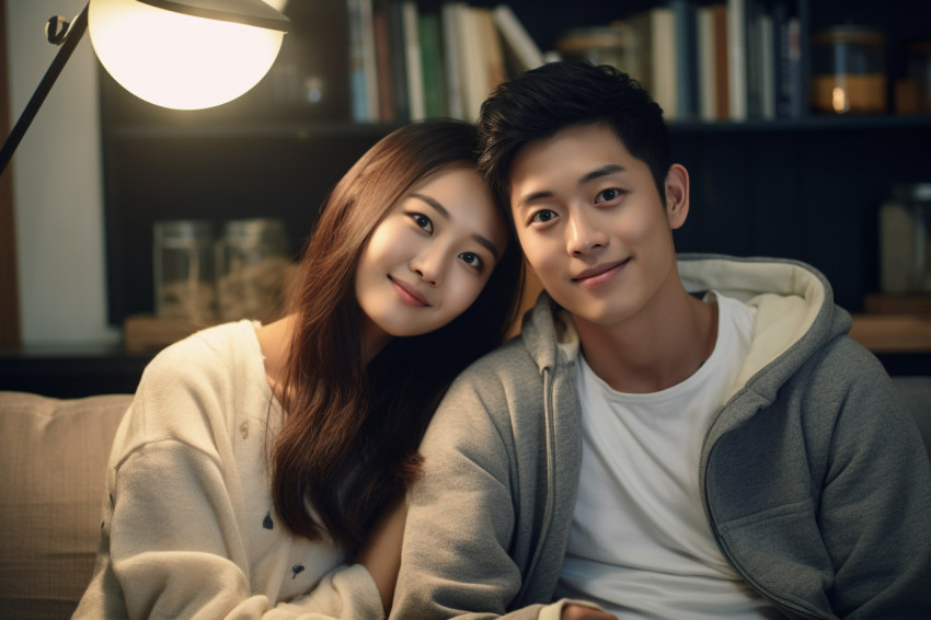Photo of Asian young couple at home smiling and happy Photo of Asian young couple at home smiling and happy