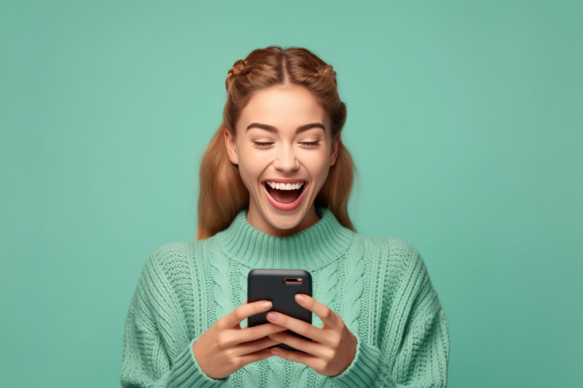 Young smiling woman in sweater chatting on phone Young smiling woman in sweater chatting on phone