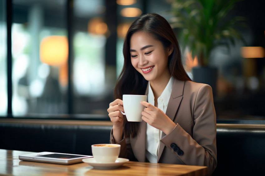 Asian businesswoman using smartphone in cafe Asian businesswoman using smartphone in cafe