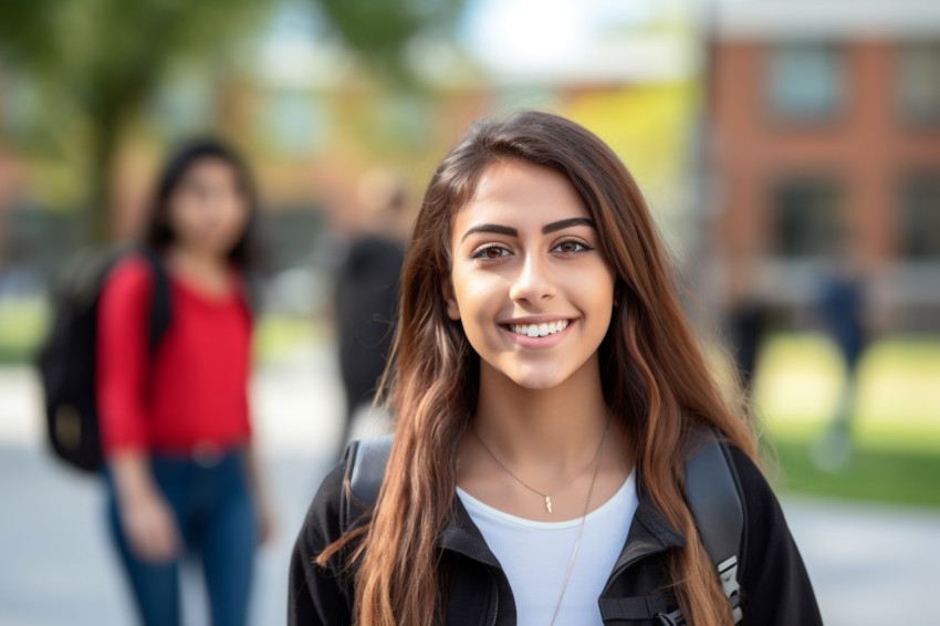 Photo of smiling Latina college student or teacher at university Photo of smiling Latina college student or teacher at university