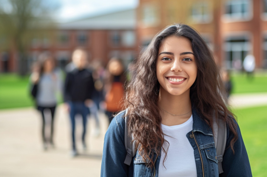 Photo of smiling Latina college student or teacher at university Photo of smiling Latina college student or teacher at university