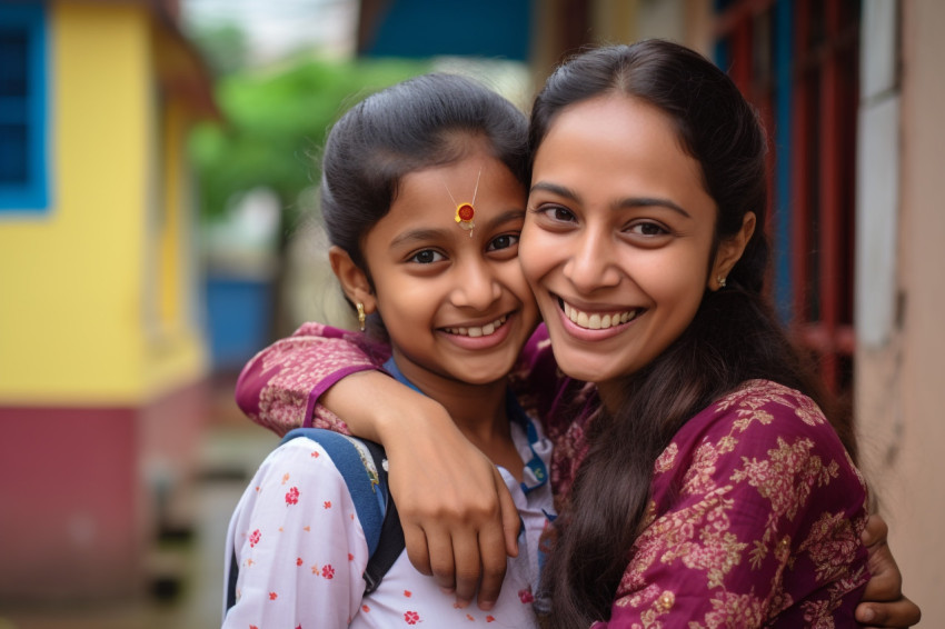 Happy teen daughter hugging Indian mom at home Happy teen daughter hugging Indian mom at home