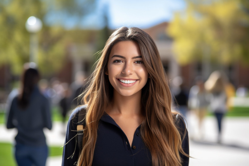 Photo of smiling Latina college student or teacher at university Photo of smiling Latina college student or teacher at university