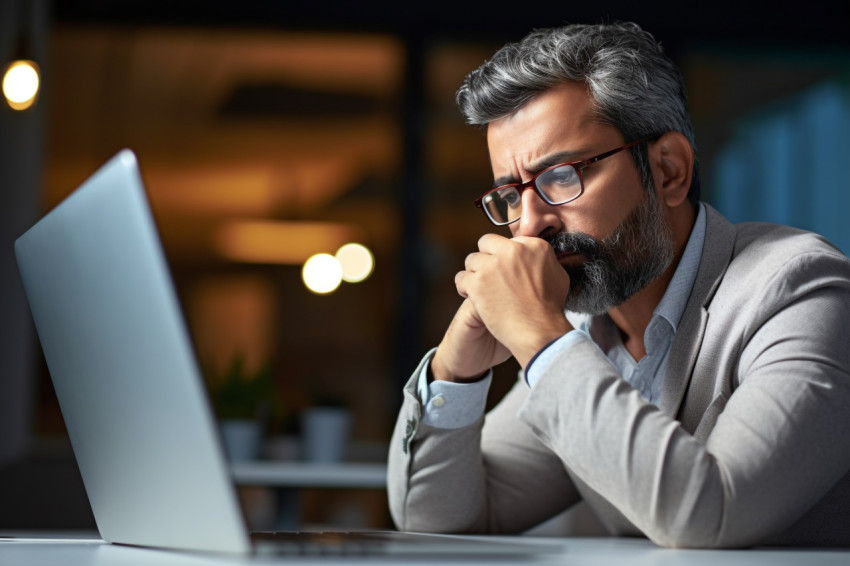 Indian Hispanic CEO businessman working on laptop Indian Hispanic CEO businessman working on laptop