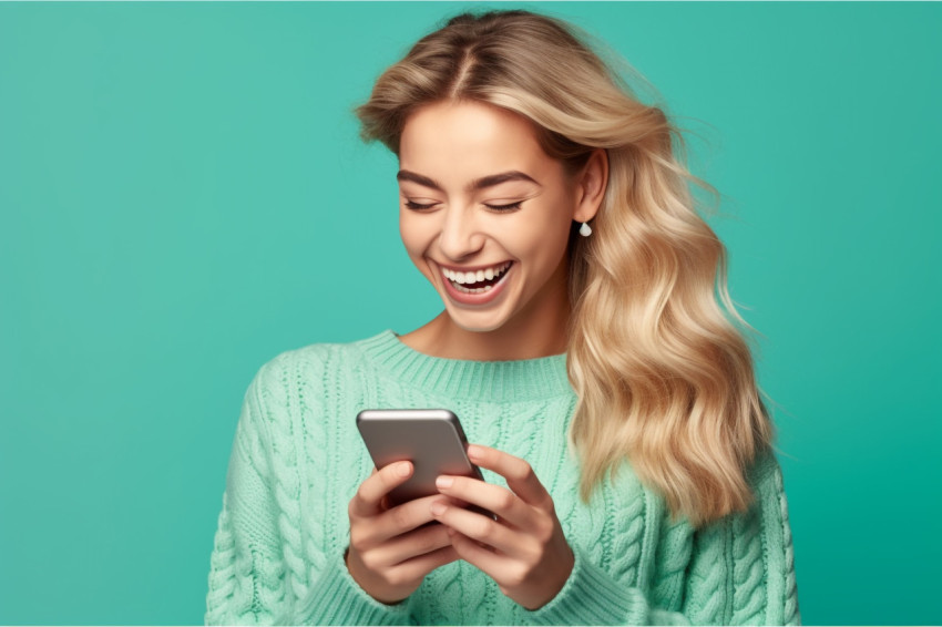 Young smiling woman in sweater chatting on phone Young smiling woman in sweater chatting on phone