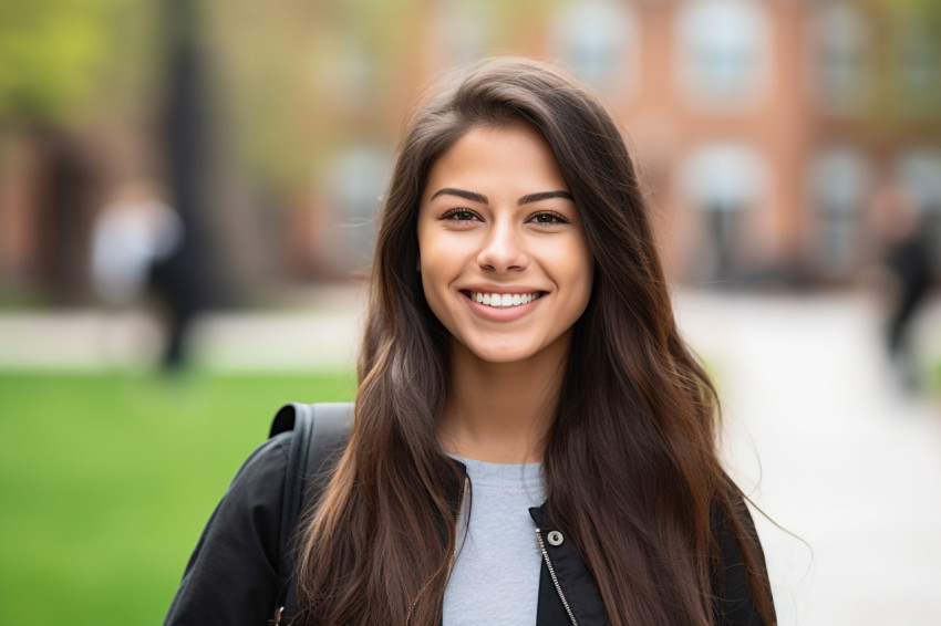 Photo of smiling Latina college student or teacher at university Photo of smiling Latina college student or teacher at university