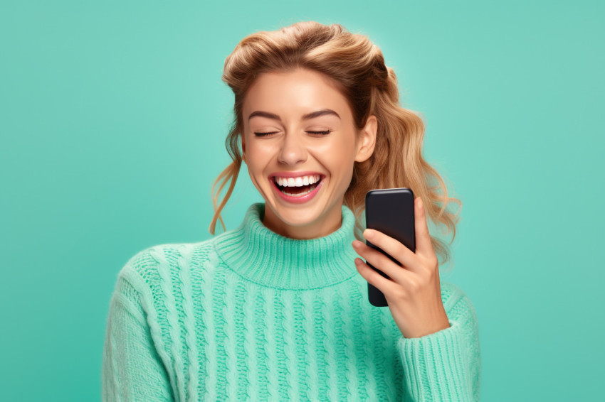 Young smiling woman in sweater chatting on phone Young smiling woman in sweater chatting on phone