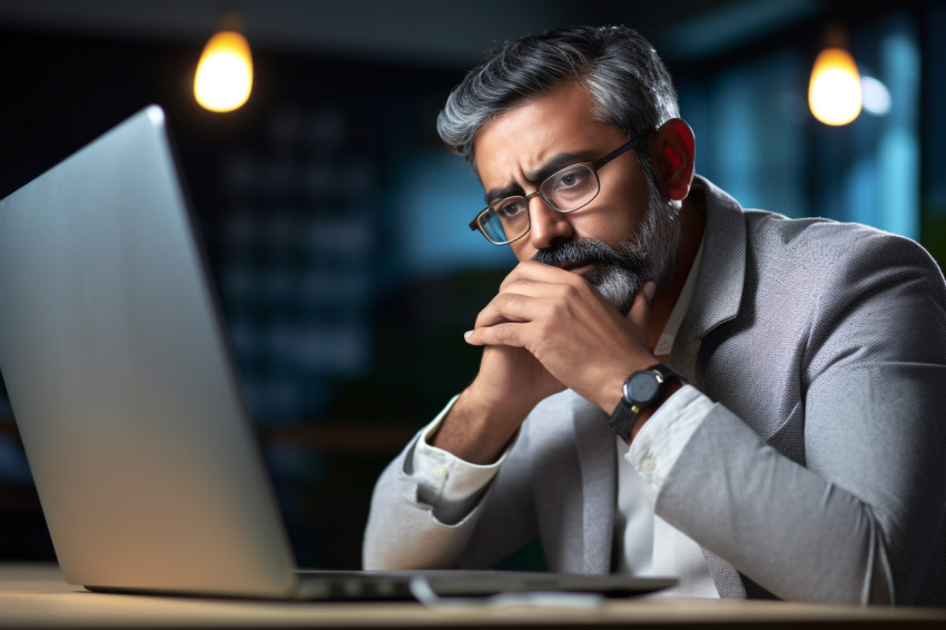 Indian Hispanic CEO businessman working on laptop Indian Hispanic CEO businessman working on laptop