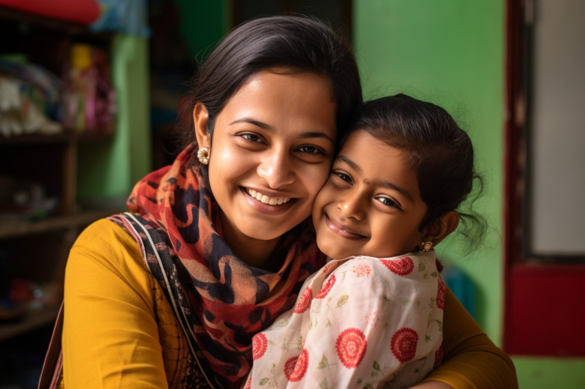 Happy teen daughter hugging Indian mom at home Happy teen daughter hugging Indian mom at home