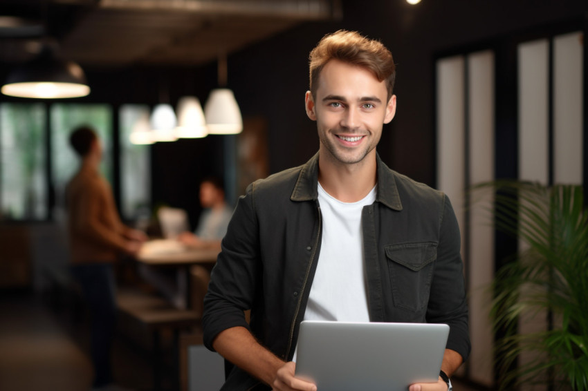 Handsome young male entrepreneur with laptop in office Handsome young male entrepreneur with laptop in office
