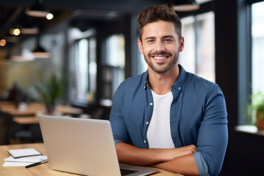 Handsome young male entrepreneur with laptop in office Handsome young male entrepreneur with laptop in office