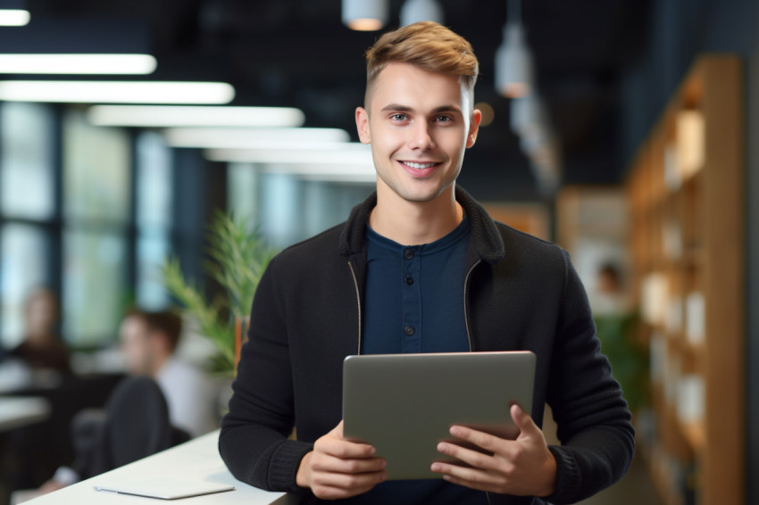Handsome young male entrepreneur with laptop in office Handsome young male entrepreneur with laptop in office