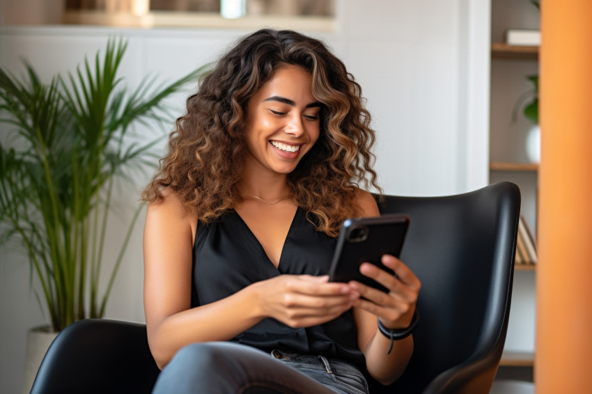 Smiling young woman sitting on chair with phone Smiling young woman sitting on chair with phone