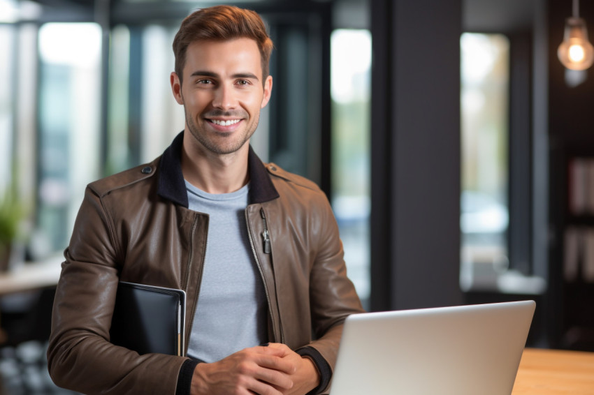 Handsome young male entrepreneur with laptop in office Handsome young male entrepreneur with laptop in office