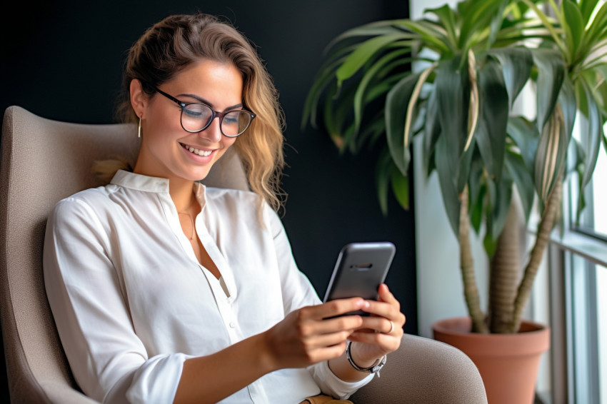Smiling young woman sitting on chair with phone Smiling young woman sitting on chair with phone