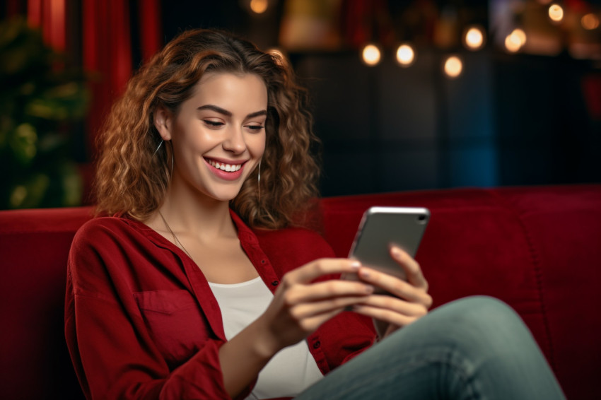 Smiling woman on couch using phone apps Smiling woman on couch using phone apps