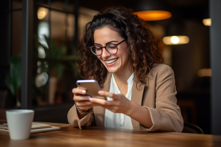 Young woman at table using phone Young woman at table using phone