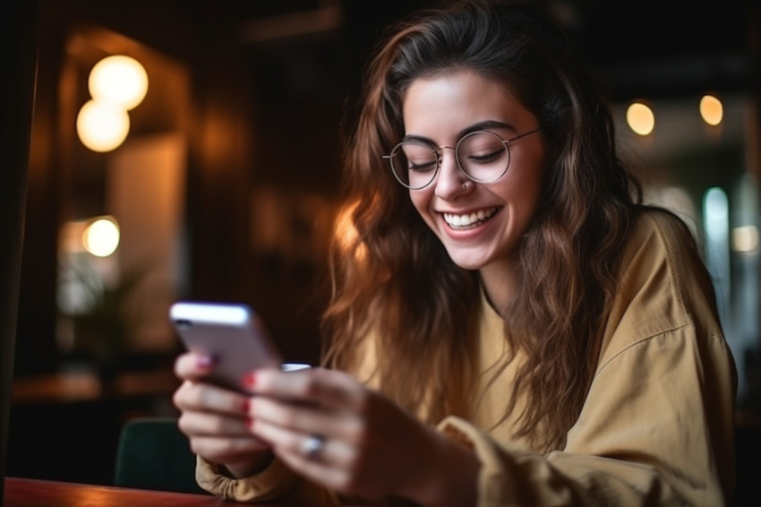 Young woman at table using phone Young woman at table using phone