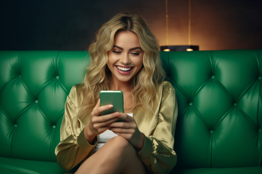 Smiling woman on couch using phone apps Smiling woman on couch using phone apps