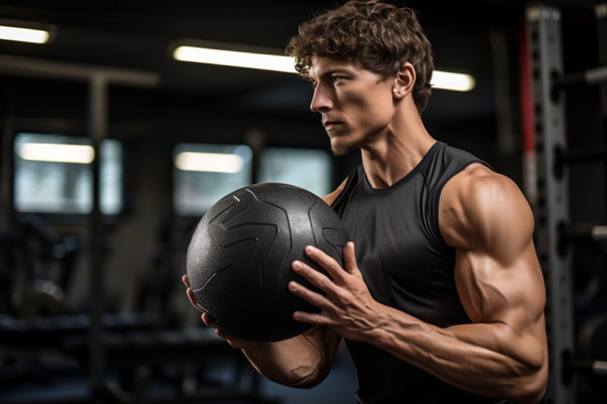 Young man working out with medicine ball in gym Young man working out with medicine ball in gym