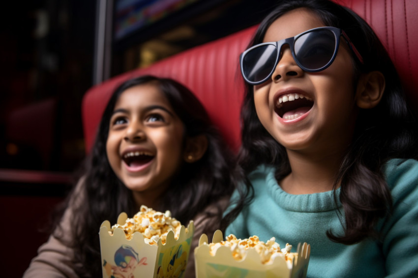 Indian woman and girl enjoy movie with 3D glasses and popcorn Indian woman and girl enjoy movie with 3D glasses and popcorn