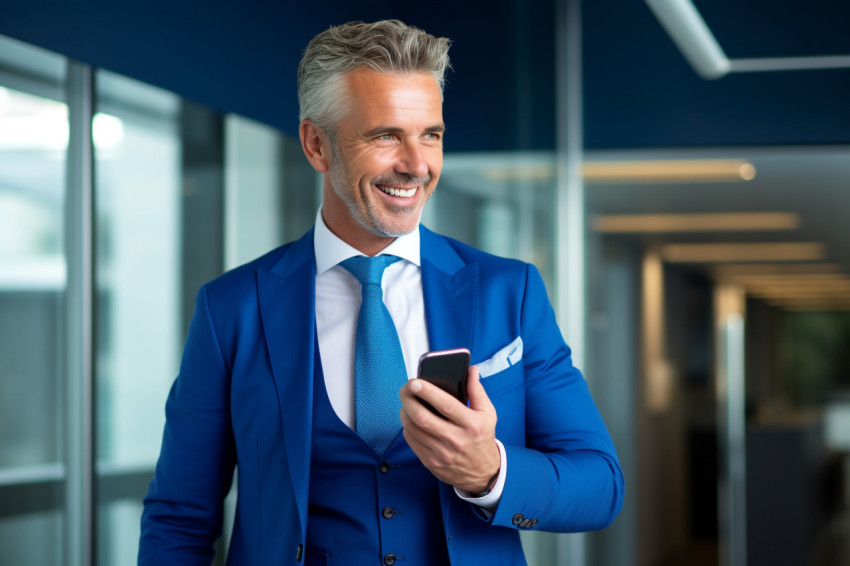 Happy middle aged CEO in blue suit standing in office using phone Happy middle aged CEO in blue suit standing in office using phone
