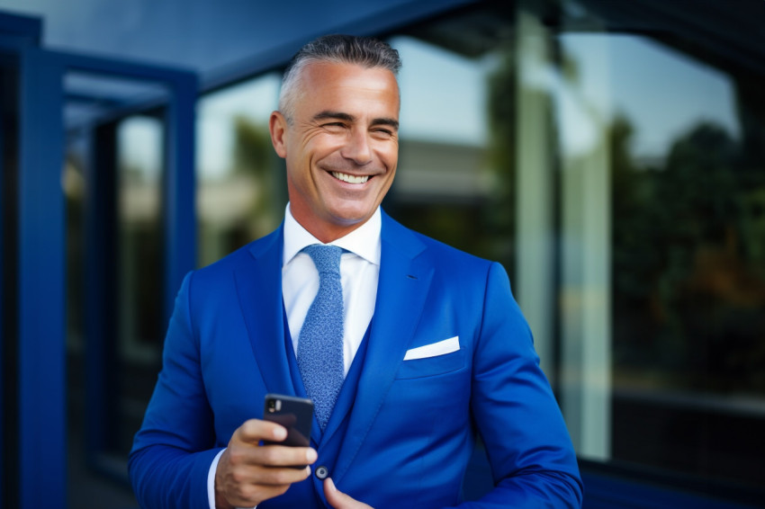 Happy middle aged CEO in blue suit standing in office using phone Happy middle aged CEO in blue suit standing in office using phone