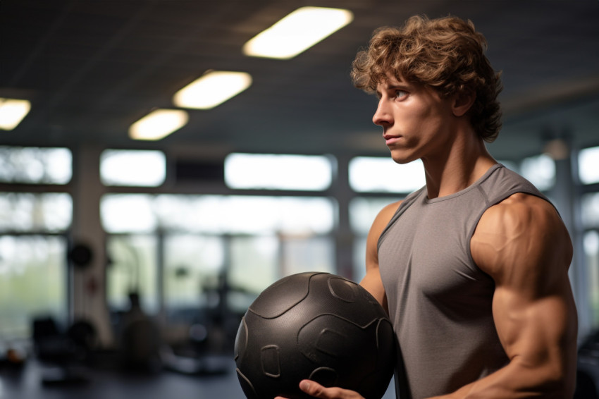 Young man working out with medicine ball in gym Young man working out with medicine ball in gym