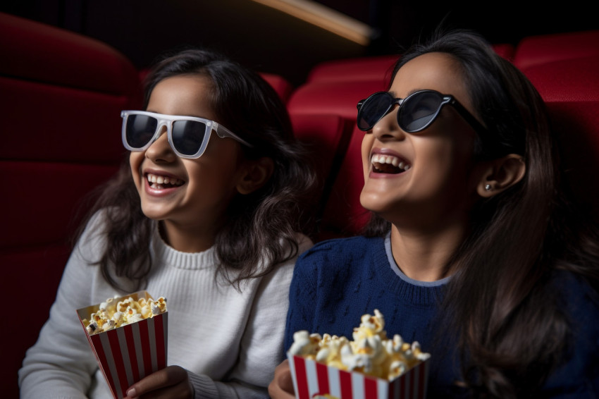 Indian woman and girl enjoy movie with 3D glasses and popcorn Indian woman and girl enjoy movie with 3D glasses and popcorn