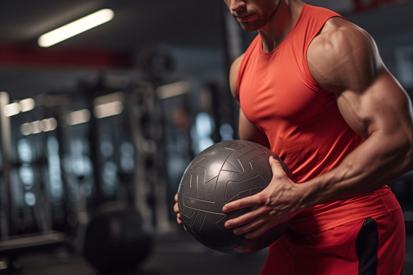 Young man working out with medicine ball in gym Young man working out with medicine ball in gym