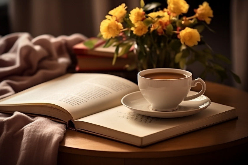 Photo of person relaxing at home with tea and book Photo of person relaxing at home with tea and book