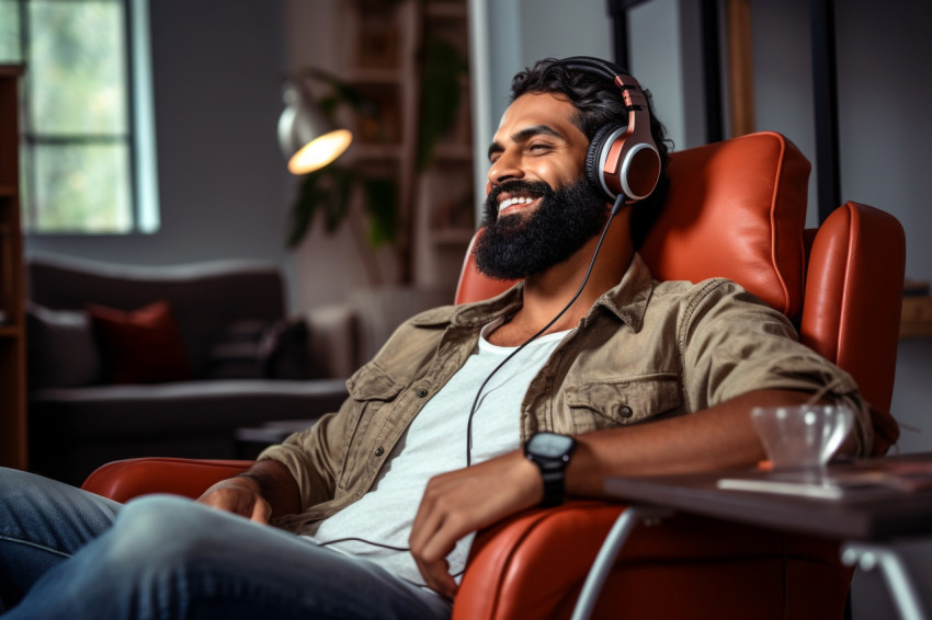 Indian man relaxing at home listening to music Indian man relaxing at home listening to music