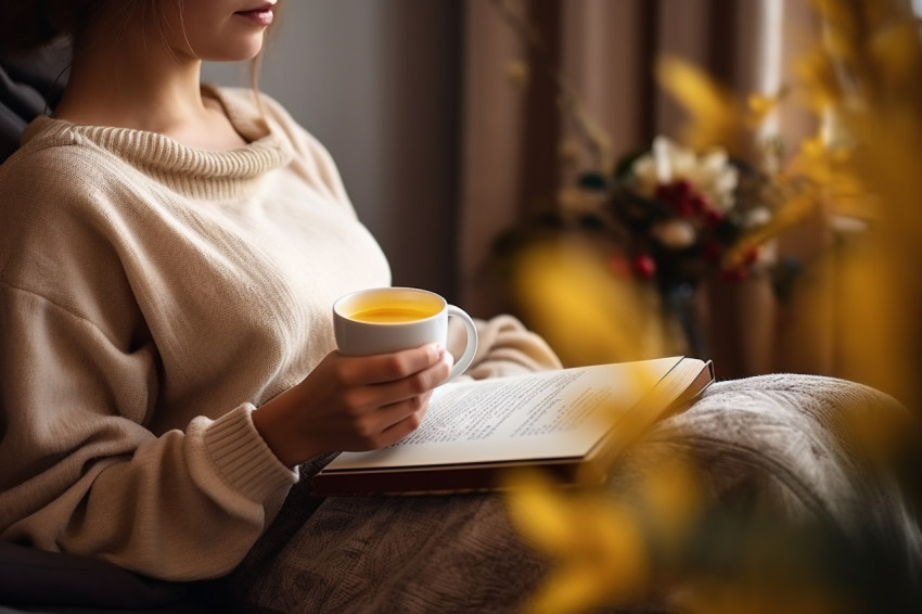 Photo of person relaxing at home with tea and book Photo of person relaxing at home with tea and book