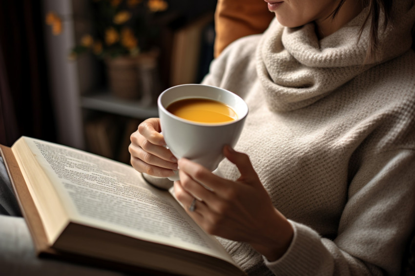 Photo of person relaxing at home with tea and book Photo of person relaxing at home with tea and book