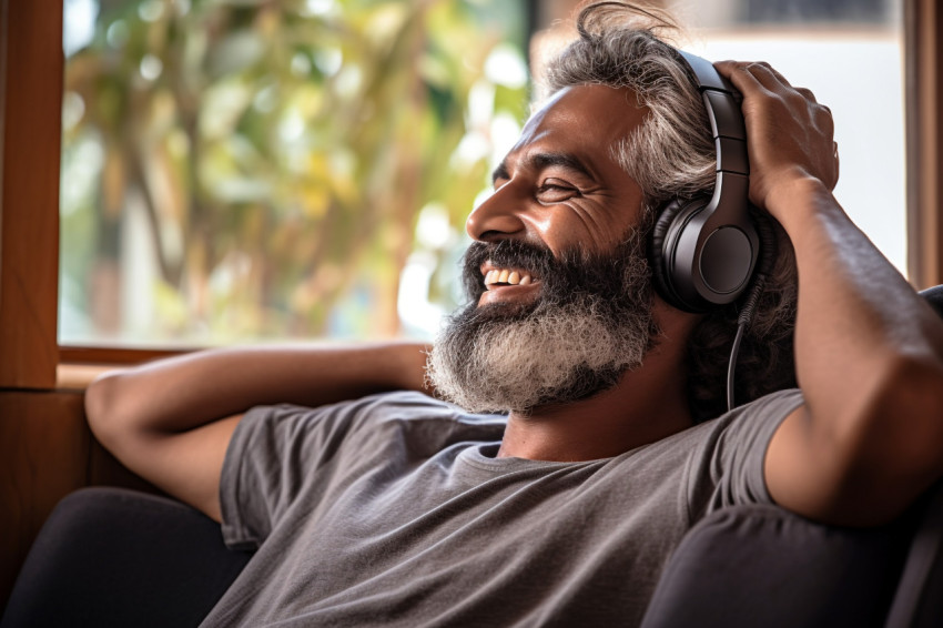 Indian man relaxing at home listening to music Indian man relaxing at home listening to music