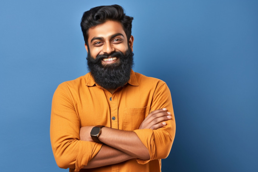 Confident happy young Indian man in blue shirt arms crossed orange background studio portrait Confident happy young Indian man in blue shirt arms crossed orange background studio portrait