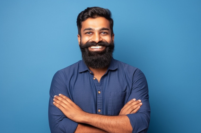 Confident happy young Indian man in blue shirt arms crossed orange background studio portrait Confident happy young Indian man in blue shirt arms crossed orange background studio portrait