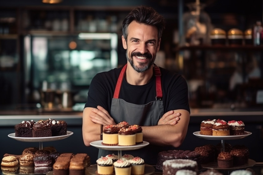 Male coffee shop owner standing near display case with cakes and desserts Male coffee shop owner standing near display case with cakes and desserts