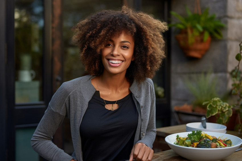 A photo of a pretty Black woman giving food on her porch A photo of a pretty Black woman giving food on her porch