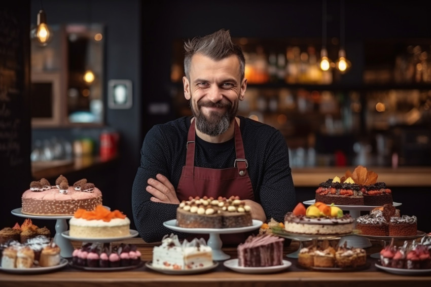 Male coffee shop owner standing near display case with cakes and desserts Male coffee shop owner standing near display case with cakes and desserts