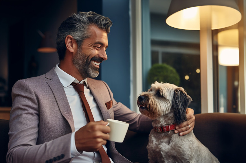 Businessman drinking coffee and feeding dog at home Businessman drinking coffee and feeding dog at home