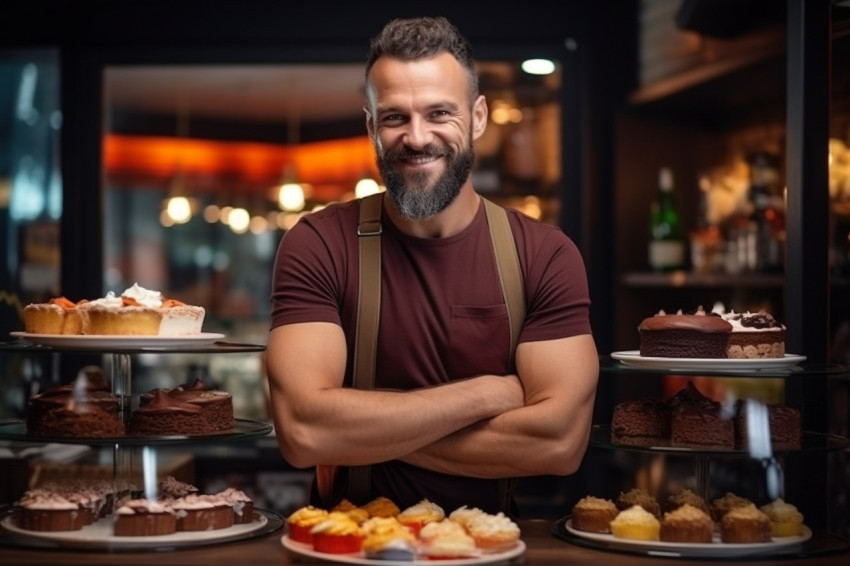 Male coffee shop owner standing near display case with cakes and desserts Male coffee shop owner standing near display case with cakes and desserts